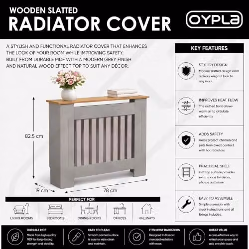Oypla Small Grey Wooden Slatted Radiator Cover Cabinet in MDF – 3