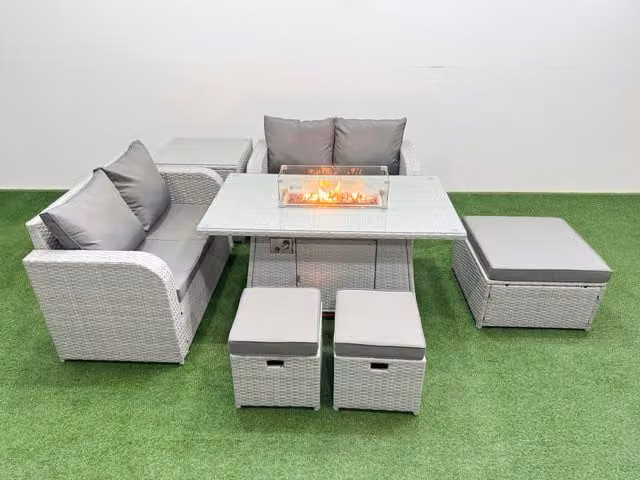 Fimous 7 Seater Rattan Garden Furniture Set with Firepit Dining Table, 3 Footstools and Side Table in Light Grey