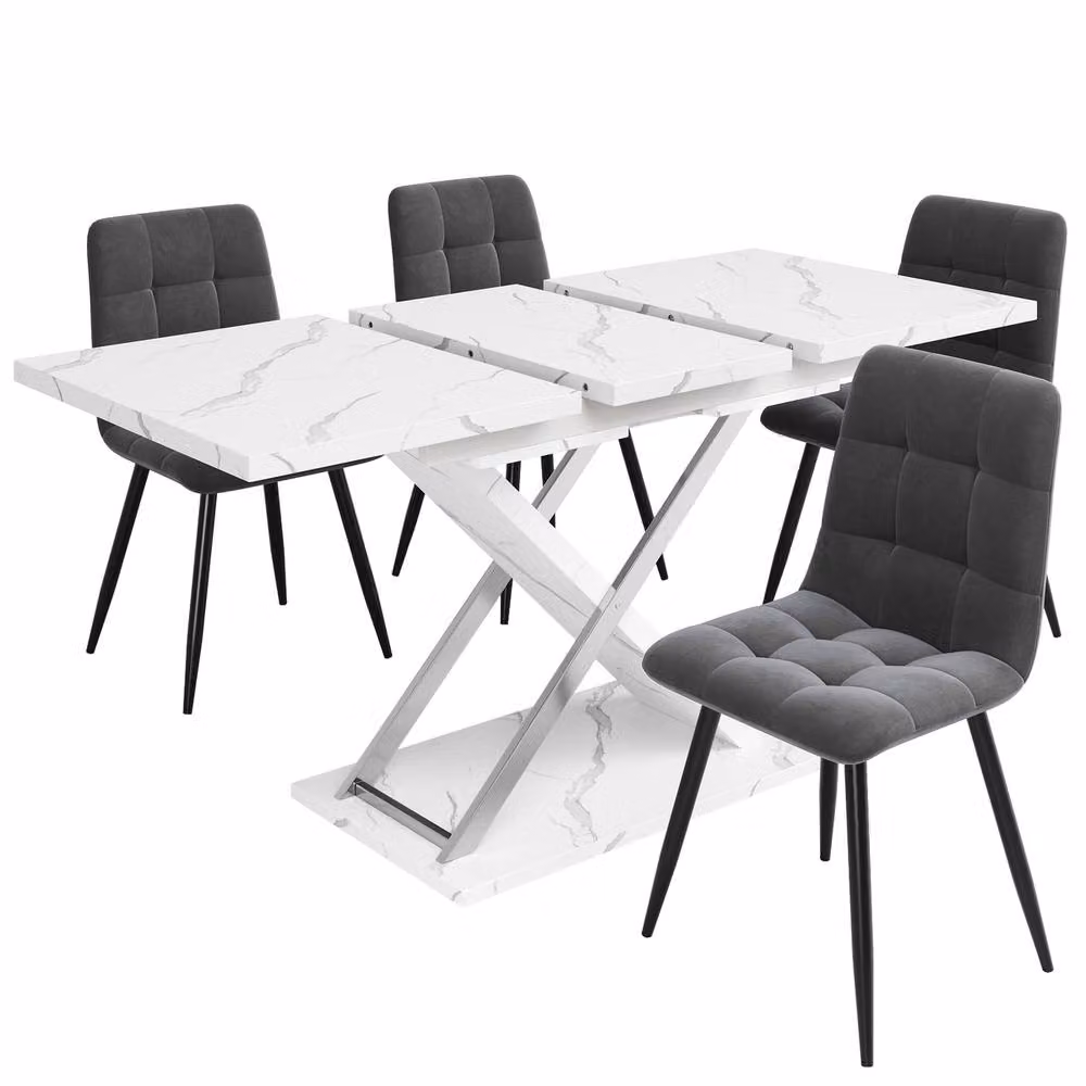 Rolipo Minimalist Extendable Rectangular Dining Table with Marble Effect White Glossy Top and Metal X-Frame Legs – 4