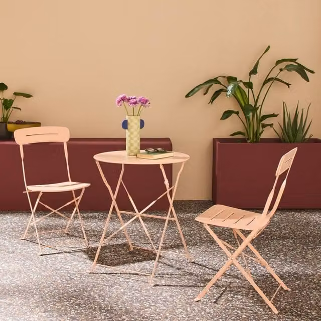 Sweekeek Round Steel Bistro Garden Table and 2 Folding Chairs Set in Pink