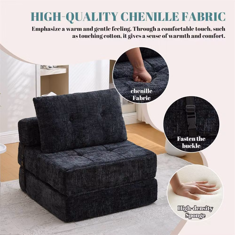 Direct Wicker Black Chenille Tufted Folding Sofa Bed with Pillow and Back Support – 5