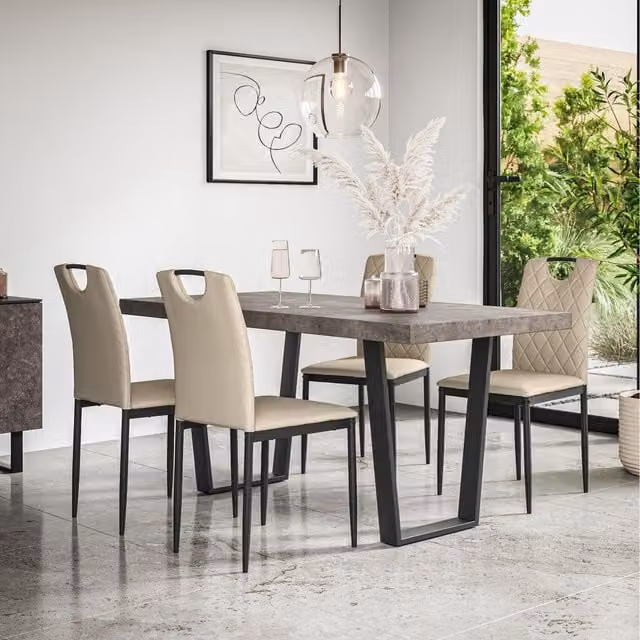 More4Homes Aria Dining Table and 6 Monza Faux Leather Chairs in Concrete Effect and Beige