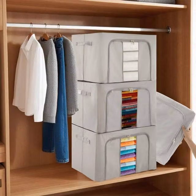 EONLION 66L Grey Foldable and Stackable Fabric Storage Box with Steel Frame, W: 50 cm, D: 31 cm, H: 50 cm – 1