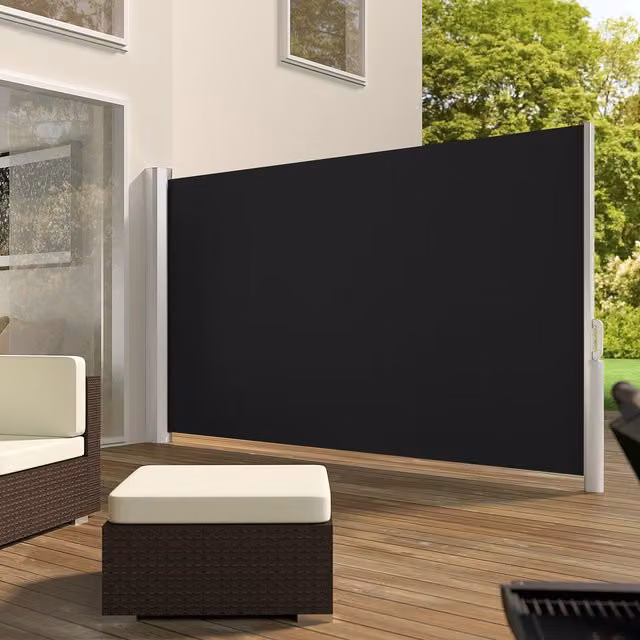 tectake Retractable Roller Garden Privacy Screen in Black, Polyester and Aluminium, Wall-Mounted, Height: 160 cm