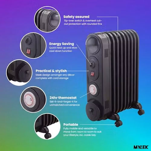 MYLEK 2kW Oil Filled Radiator Heater, Portable Freestanding Electric Heater in Black with Thermostat and 24hr Timer – 2