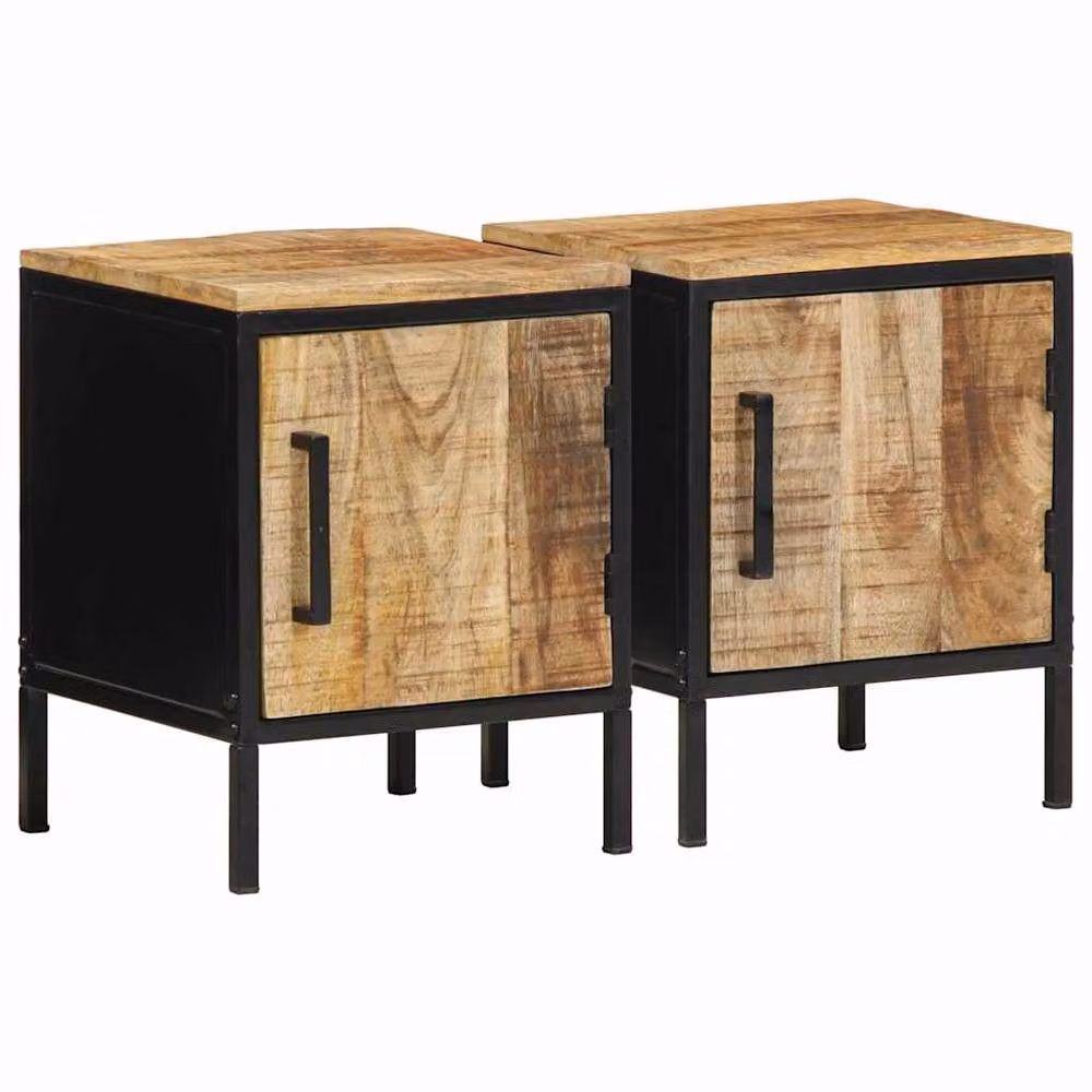Berkfield Home Set of 2 Rustic Mango Wood and Metal Bedside Cabinets in Brown and Black – 2