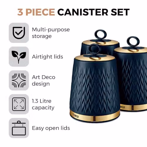 Tower Empire Airtight Kitchen Storage Canister Set of 3, Blue and Bronze Geometric Design – 2