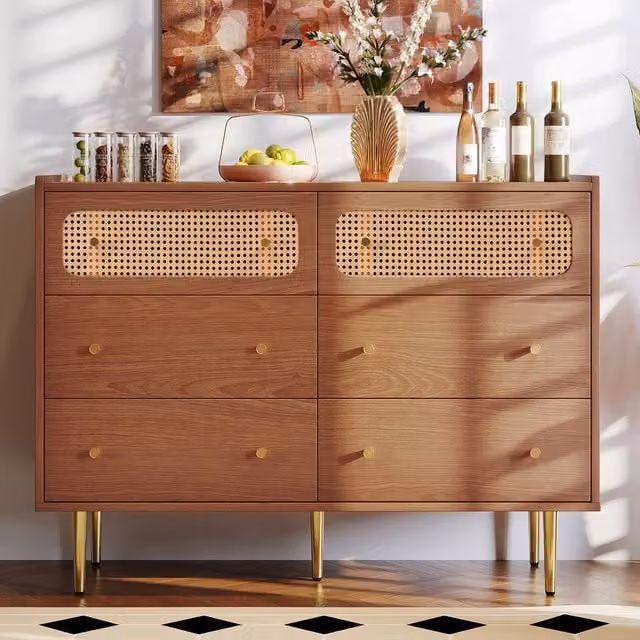 Merax Rattan Sideboard Chest of Drawers with Rounded Corners in Walnut and Gold – 1