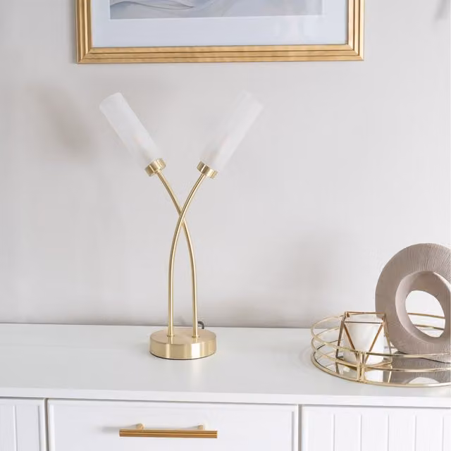 ValueLights 2 Way Curved Arm Cross Over Table Lamp in Gold/Brass