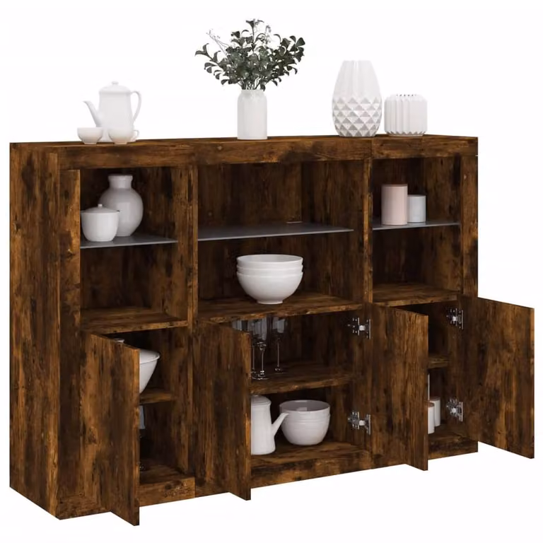 Berkfield Home 3-Piece Smoked Oak Sideboard Set with Integrated LED Lighting in Brown