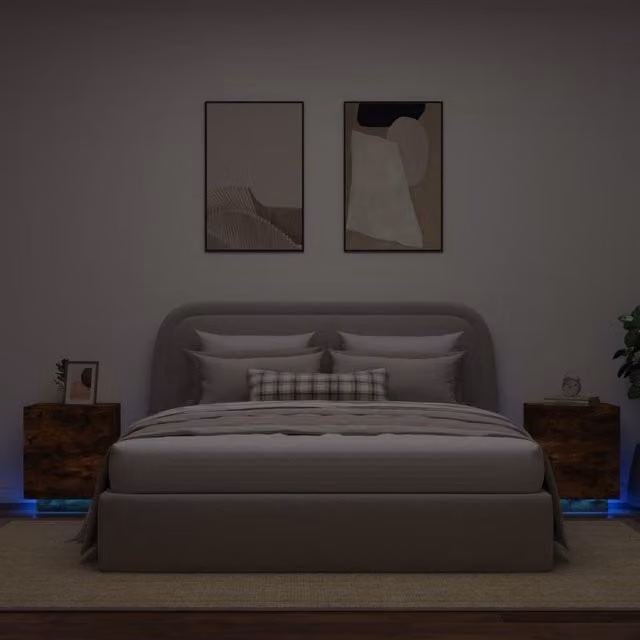 Berkfield Home Set of 2 Modern Smoked Oak Bedside Cabinets with Integrated LED Lights in Brown – 1