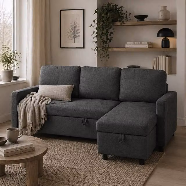 Wyld Haus Sesune Yoli Charcoal Grey Reversible L-Shape Pull Out Corner Sofa Bed with Storage and Side Unit, W/D/H: 200 x 140 x 85 cm – 1