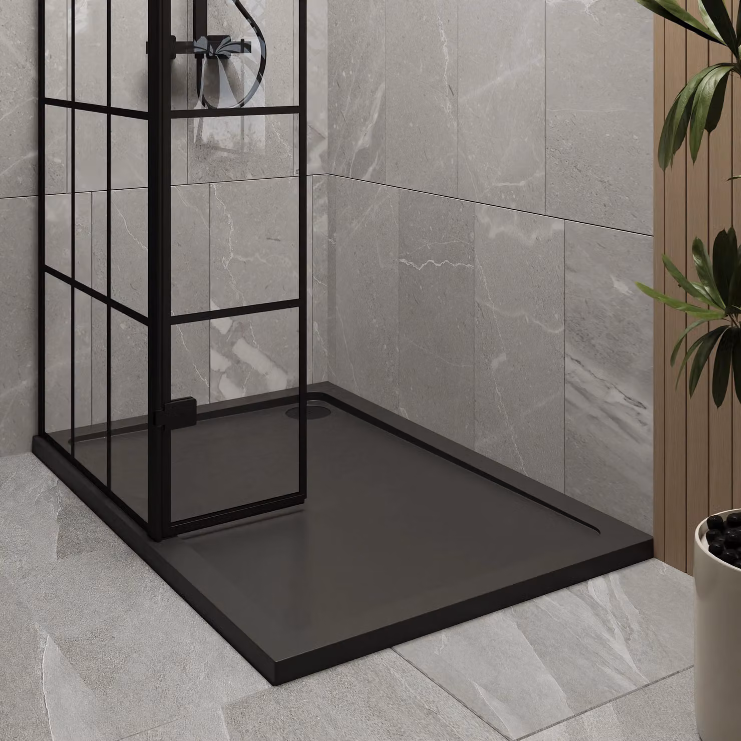 Balterley 8mm Glass Walk-In Wetroom Screen with Return and Tray, Black Framed, W: 120 cm, D: 80 cm – 3