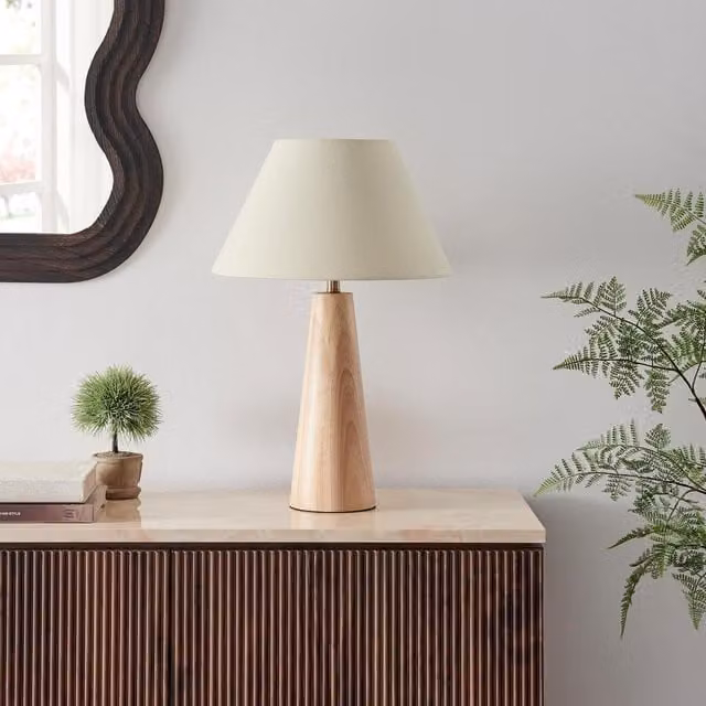 Furniturebox UK Connie Wood Tapered Table Lamp in Brown and Beige