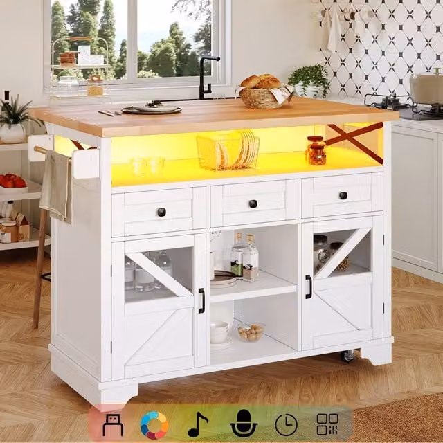 Matteo Smart Mobile Kitchen Island Cart with LED and Drop-Leaf Table in White – 1