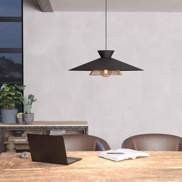 Eglo Grizedale Suspended Pendant Light in Black Metal with Brass Accents