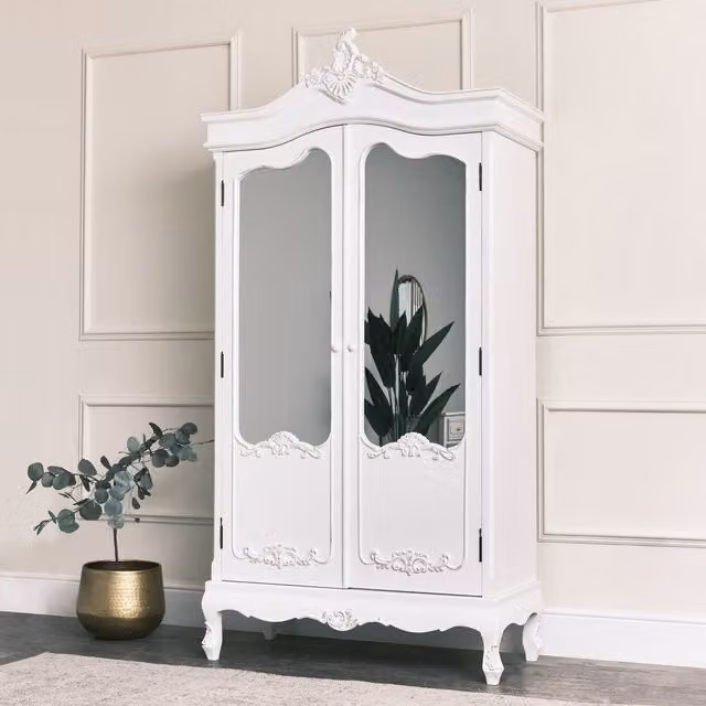 Melody Maison Pays Blanc Vintage White Mirrored Wardrobe with Hinged Glass Doors
