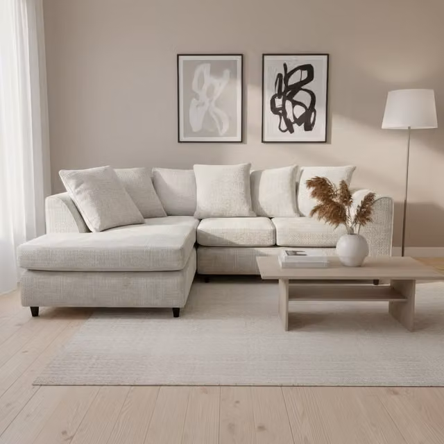 Abakus Direct Jumbo L-Shape Corner Sofa in White Soft Chenille with Left-Hand Chaise and Scatter Cushions