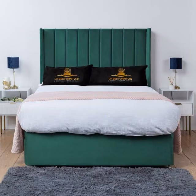 UK Bed Furniture Bella Wingback Divan Bed Base with 54 Inch Headboard in Green Velvet, Super King, W/D: 200 x 200 cm