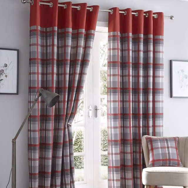 Portfolio Home Orleans Red Tartan Check Striped Eyelet Curtains, 2 Panel Pair, Width: 168 cm, Drop: 183 cm