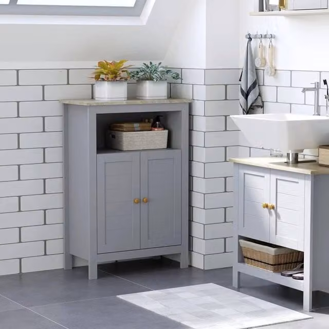 FORGEVIO Grey Retro Freestanding Bathroom Floor Cabinet with Hinged Doors and Internal Shelves