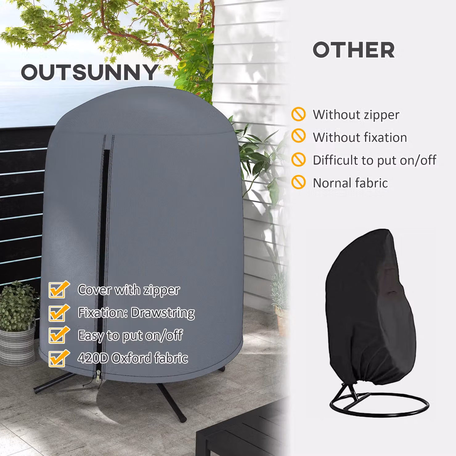 OUTSUNNY Waterproof Grey Hanging Egg Chair Cover with Zip Closure – 3