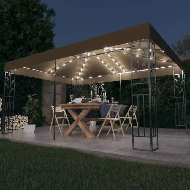 Berkfield Home Gazebo with Double Roof and LED String Lights, Beige, W: 4.0 m, D: 3.0 m