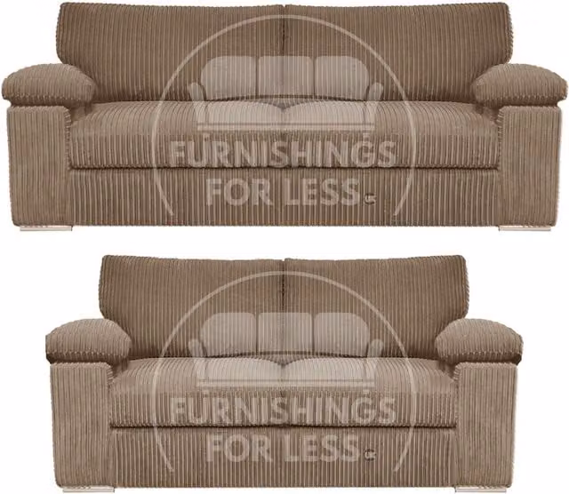 Furnishings For Less UK Delta Jumbo Cord Fabric Sofa Suite with Padded Arms, 3 and 2 Seater, Camel