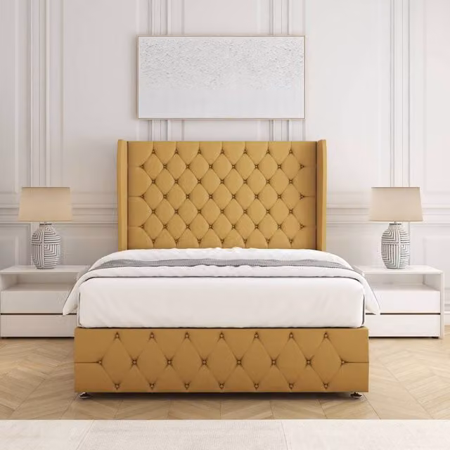 BSSPOKE Faye Plush Velvet Divan Bed Set with 54 inch Headboard and Mattress in Mustard, Single, W/D/H: 90 x 190 cm