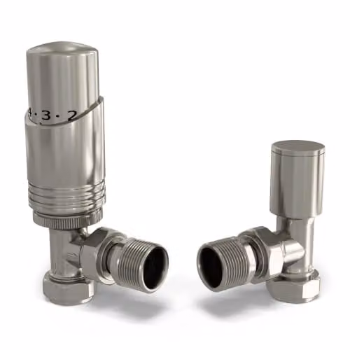 UK Radiators Talus Bold Angled Thermostatic Radiator Valve and Lockshield Set in Polished Silver Nickel