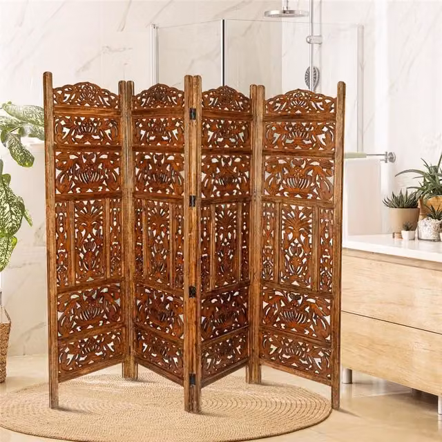Topfurnishing 4 Panel Heavy Carved Wooden Room Divider Screen with Floral Leaf Design in Brown and White