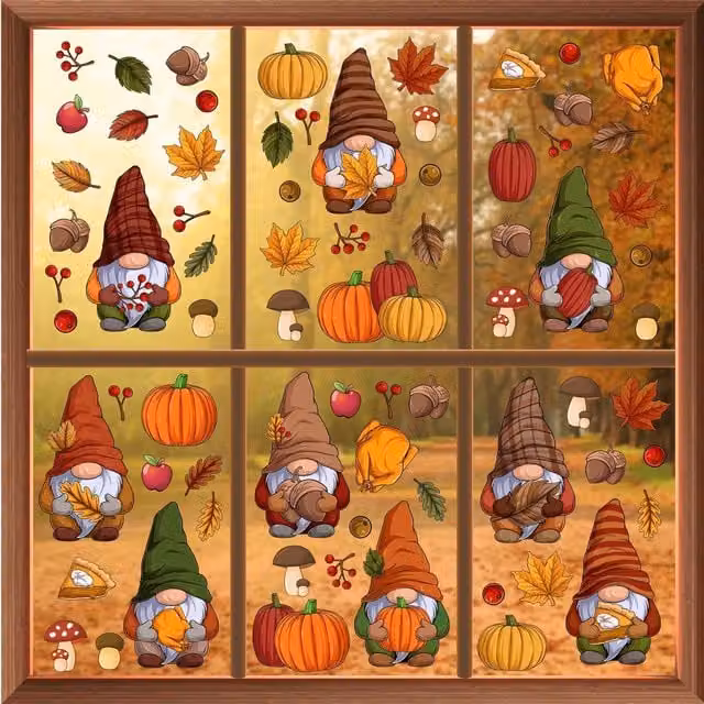 WALPLUS Autumn Window Clings with Thanksgiving Gonk in Orange and Multicoloured