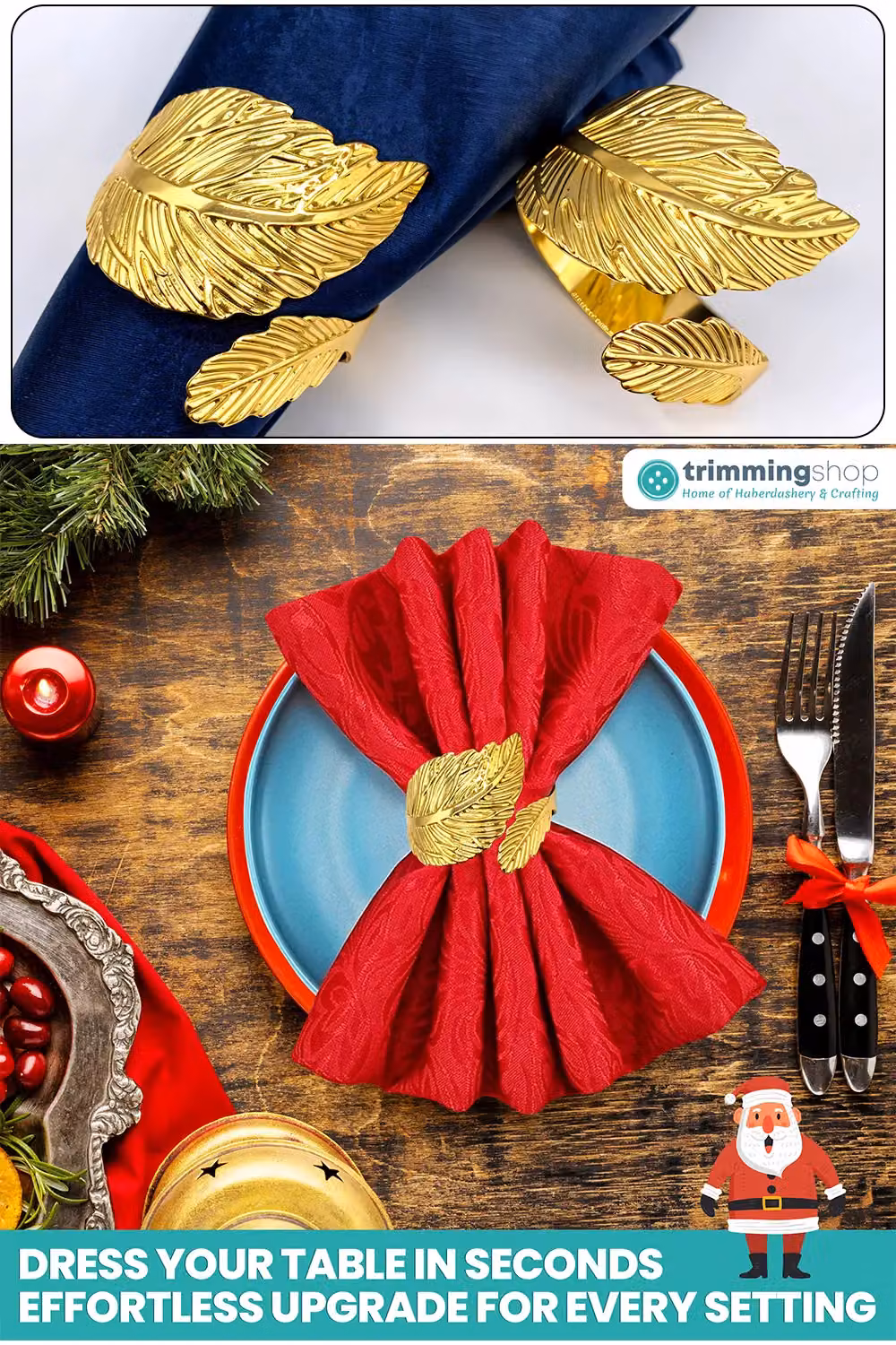 Neel Blue Gold Leaf Napkin Ring Set of 4 Metal Serviette Buckles in Blue and Gold – 3
