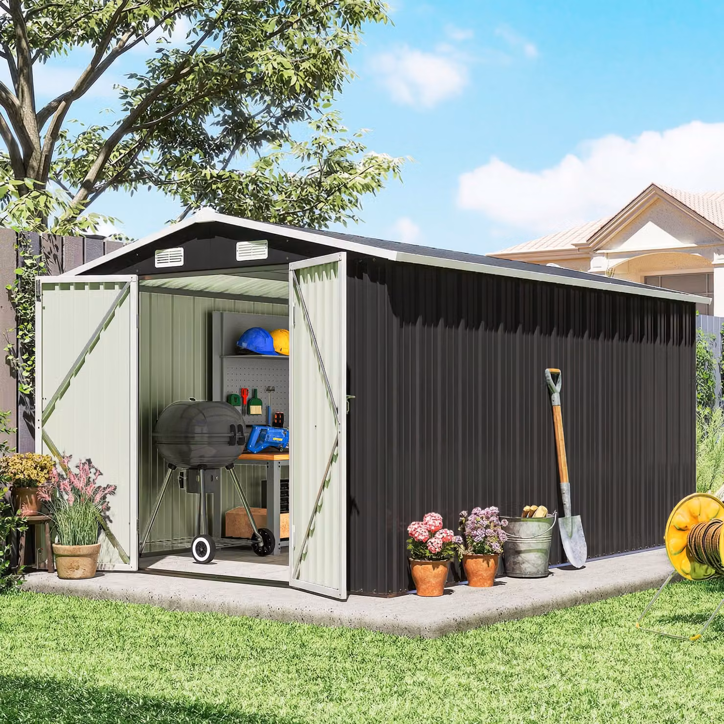 Outsunny Dark Grey Galvanised Steel Garden Storage Shed with Lockable Double Doors and 4 Vents, W: 365.76 cm, D: 238.0 cm, H: 194.0 cm – 2