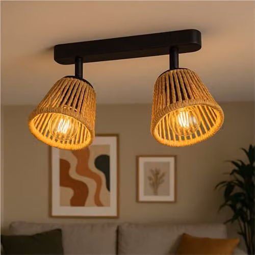 Loops Modern Rattan Ceiling Light in Black, Brown or Gold/Brass, Height: 14.0 cm, E14 LED Compatible – 2