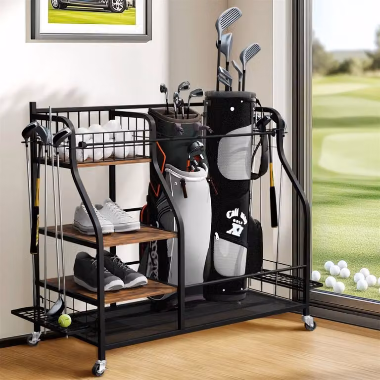 FLAVORA Mobile Golf Bag Storage Rack Holder in Black