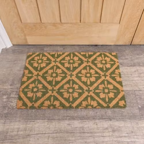 Melody Maison Green Geometric Tile Print Coir and Rubber Door Mat, W: 61.0 cm, D: 40.5 cm, H: 1.5 cm
