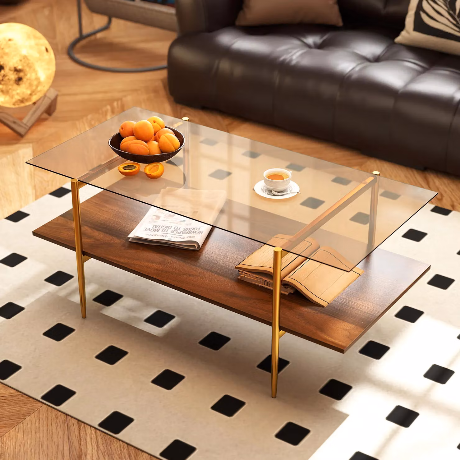 Costway 2-Tier Rectangular Glass Coffee Table with Storage Shelf in Brown and Gold – 3