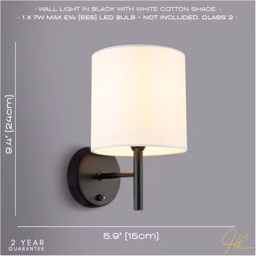Happy Homewares Modern Black Metal Bedside Wall Lamp with White Fabric Shade and Toggle Switch, H 24 cm x W 15 cm x D 10 cm – 2