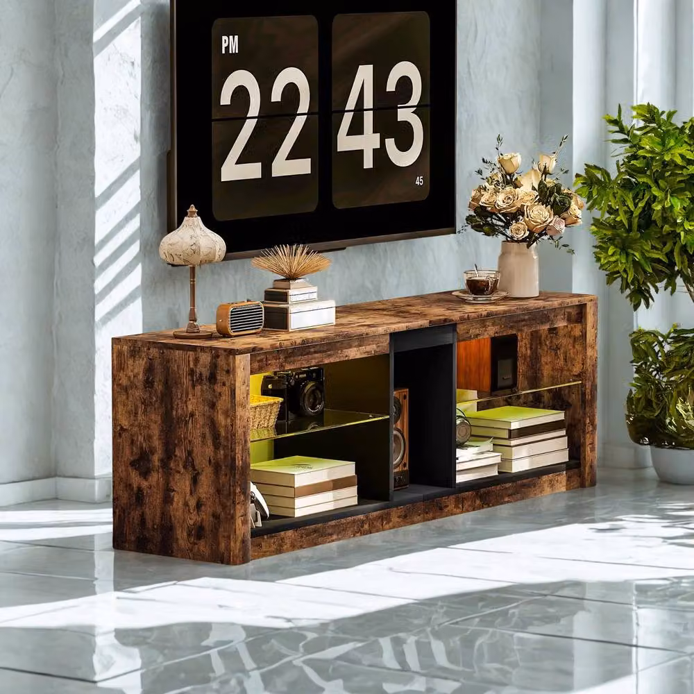 FURNOS Industrial TV Stand Unit with Integrated LED Lights and Storage Shelves in Brown, W/D/H: 140 x 35 x 47 cm – 6