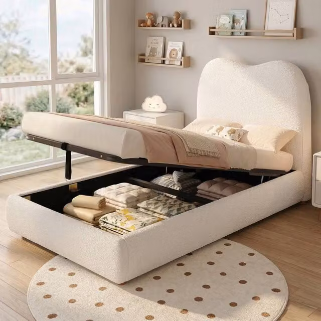 Matteo Beige Bouclé Single Upholstered Childrens Bed with Hydraulic Storage W/D/H: 90 x 190 cm – 1