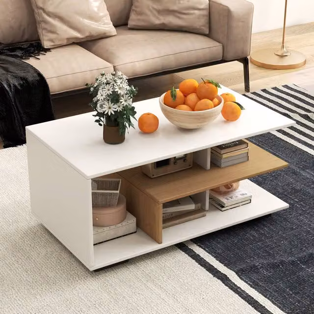 Costway Modern Rectangular Wooden Coffee Table with L-shaped Middle Shelf in White