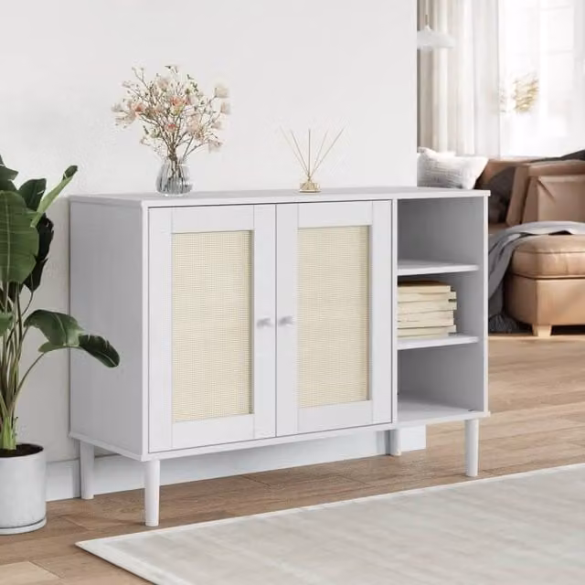 Berkfield Home Senja Sideboard in White Rattan Look Solid Pine Wood, W/D/H: 112 x 40 x 80 cm – 1