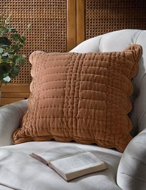 Laura Ashley Brown Velvet Scalloped Square Cushion