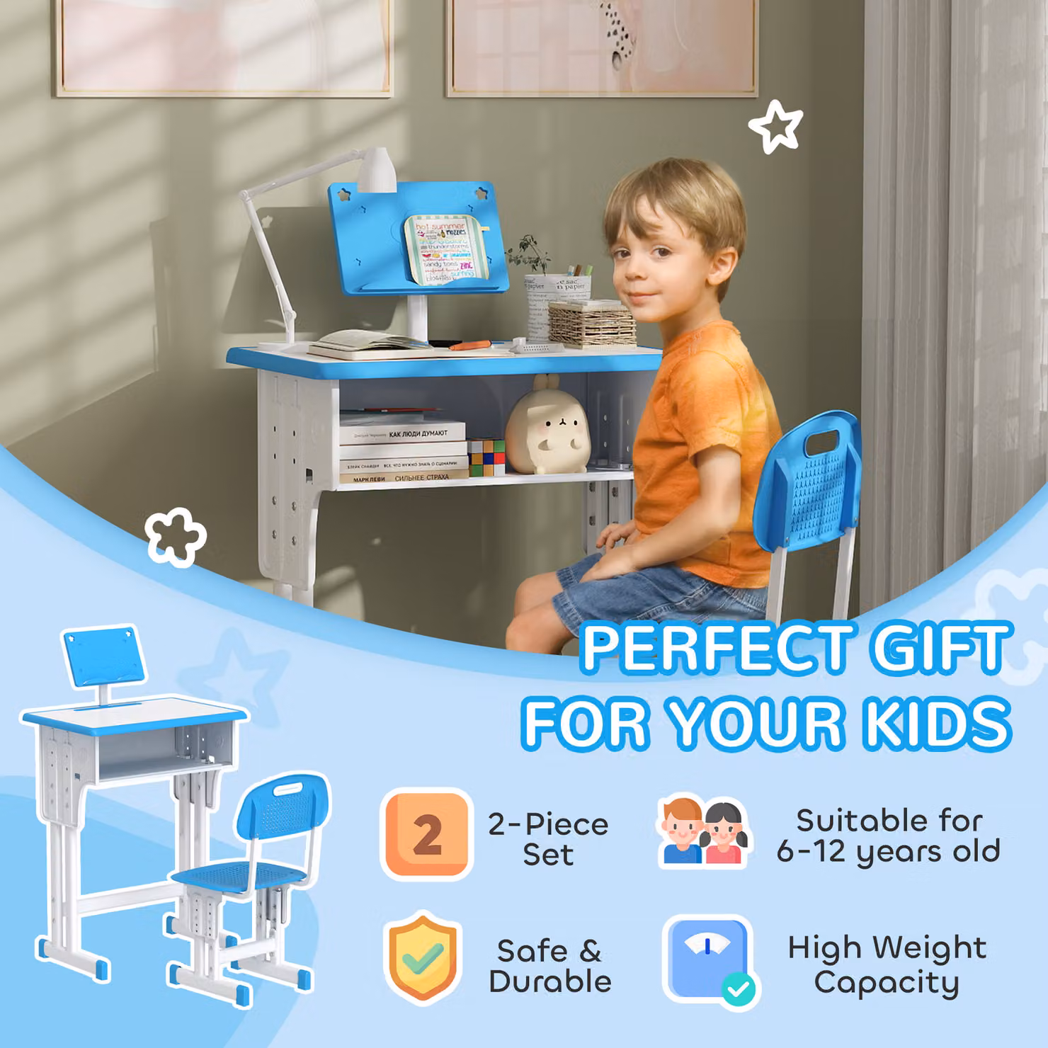 HOMCOM Adjustable Kids Desk and Chair Set with Book Stand and Pen Slot, Blue – 3