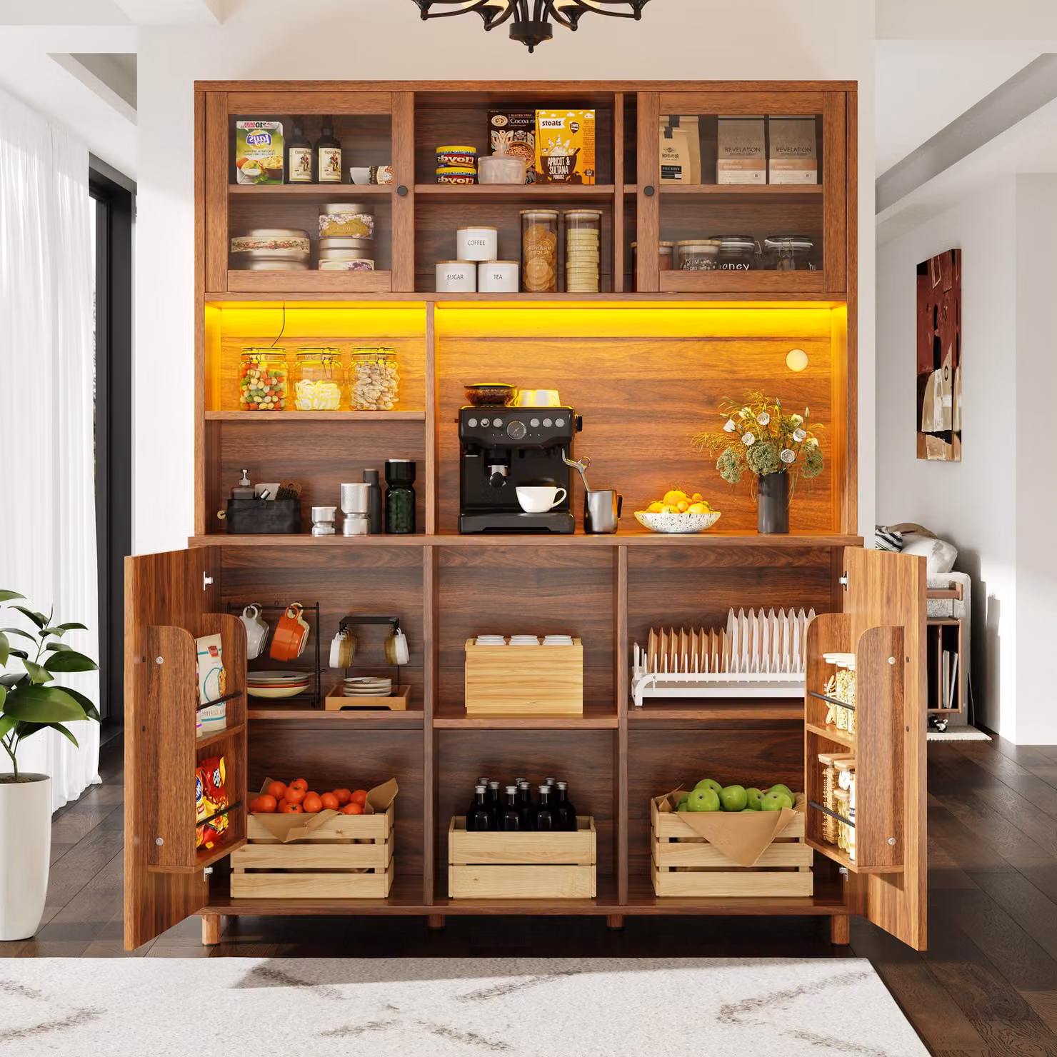 Aosom UK Walnut Brown Tall Cabinet with Silent Sliding Toughened Glass Doors and LED Lighting, W: 40 cm, D: 140 cm, H: 185 cm – 6