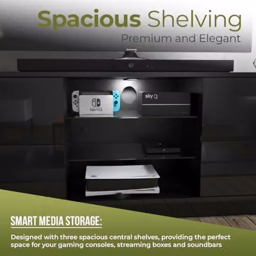 Centurion Avitus Gloss Black TV Cabinet with 4 Drawers and 3 Shelves for 32-65 inch Screens W/D/H: 158 x 40 x 48 cm – 7