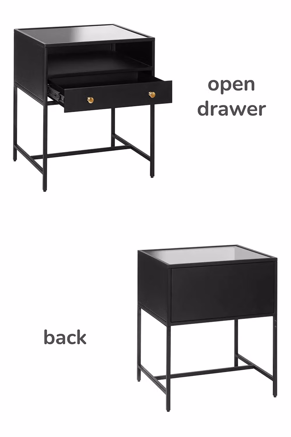 MH London Hale Bedside Table with Drawer and Open Storage Shelf in Black and Gold Metal and Toughened Glass – 6