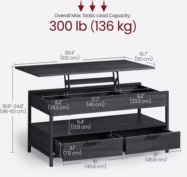 VASAGLE Industrial Lift Top Coffee Table with Storage and Open Shelf, Black/Anthracite