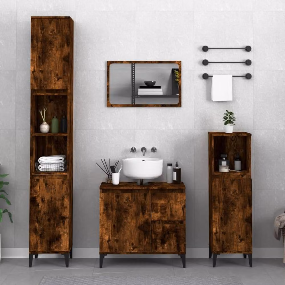 Berkfield Home Modern 3 Piece Bathroom Cabinet Set in Brown Smoked Oak – 2